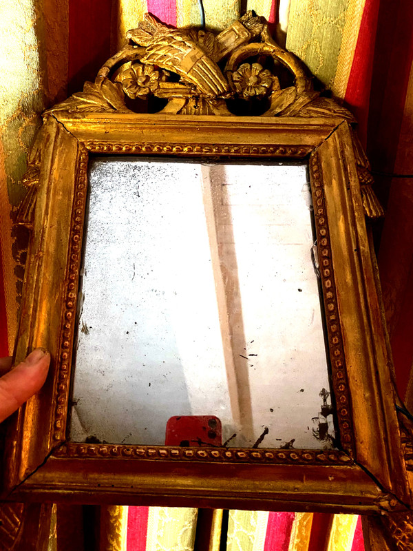 Incantevole specchio Luigi XVI in legno dorato con covone di grano e faretra , XVIII secolo