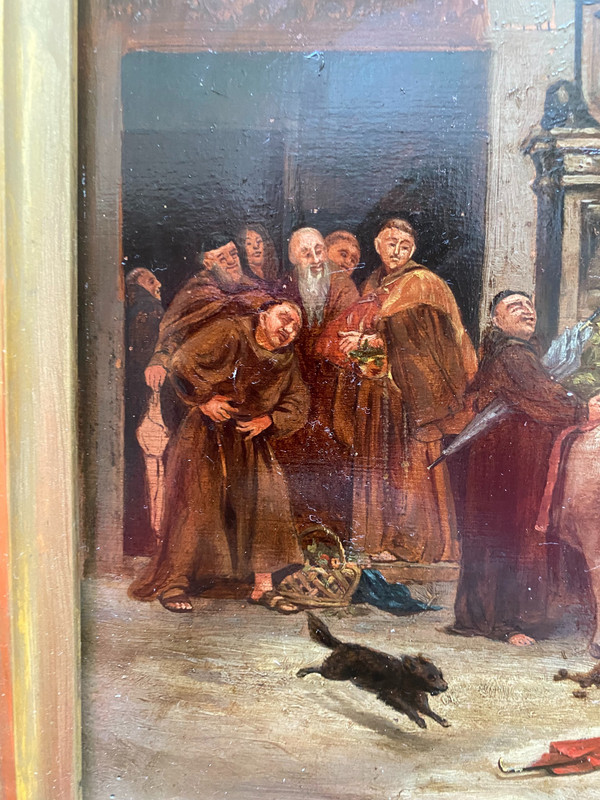 Scena ad olio su tavola di cibo trasportato da asini che arriva al convento francese Ec.XIX sec.