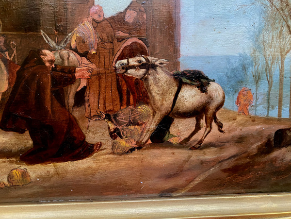 Scena ad olio su tavola di cibo trasportato da asini che arriva al convento francese Ec.XIX sec.