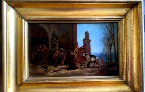 Scena ad olio su tavola di cibo trasportato da asini che arriva al convento francese Ec.XIX sec.