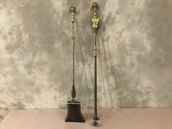 Set of an iron and bronze shovel and tongs, 19th century
