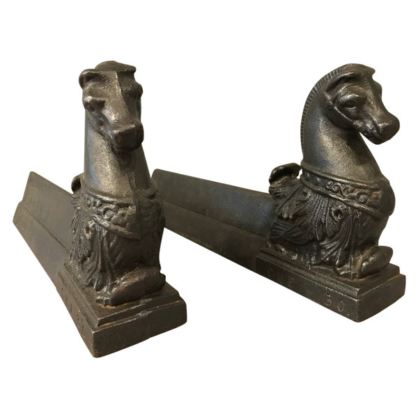 Pair of late 19th century antique cast iron andirons depicting horses