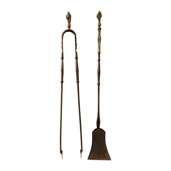 Set of an iron and bronze shovel and tongs, 19th century