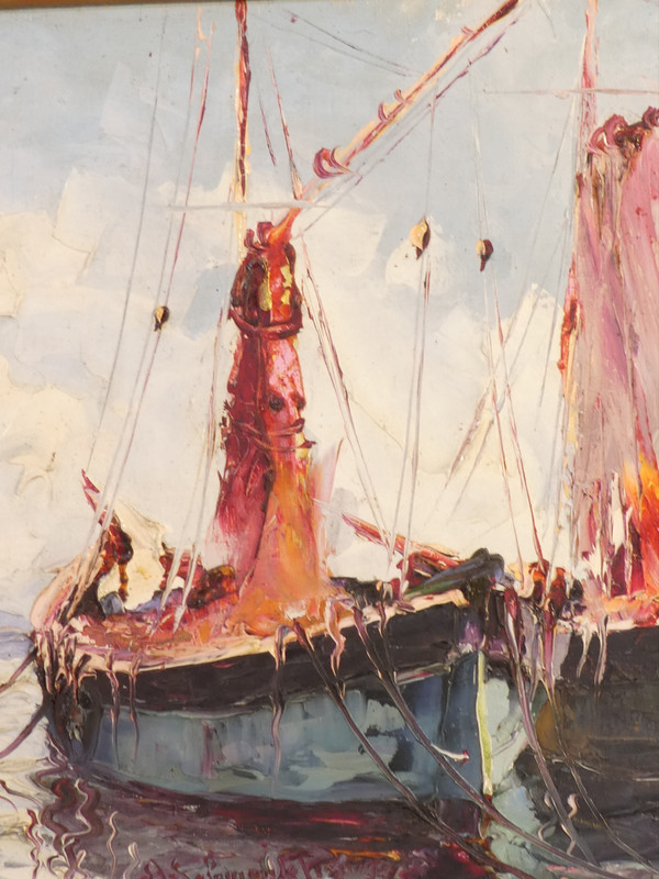 Olio su tela di A.SALOMON LE TROPEZIEN "Les Tartanes de Saint-Tropez" (Le tartane di Saint-Tropez)