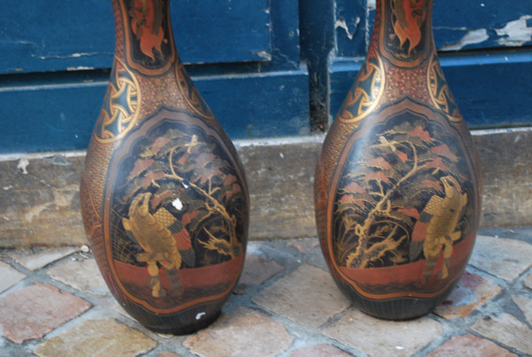 Pair Of Large Vases In Black Gold And Red Lacquered Porcelain XIX