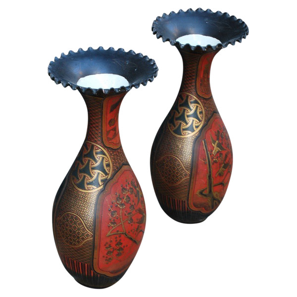 Pair Of Large Vases In Black Gold And Red Lacquered Porcelain XIX