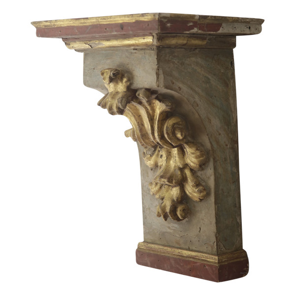 Console ad applique italiana in legno intagliato e dorato con patina che imita il marmo, XVIII secolo