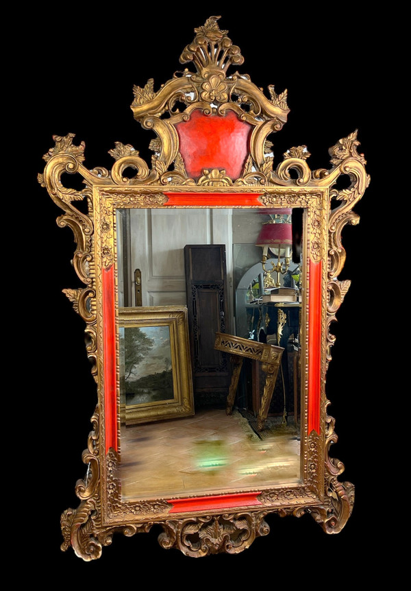 LARGE ANCIENT MIRROR IN GILDED AND PAINTED SCULPTED WOOD ITALIAN STYLE 18th century