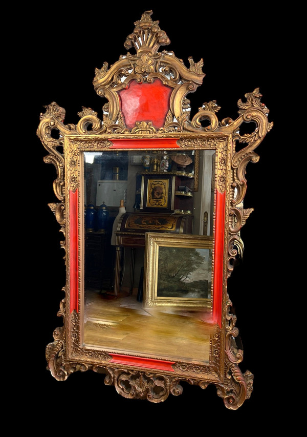 LARGE ANCIENT MIRROR IN GILDED AND PAINTED SCULPTED WOOD ITALIAN STYLE 18th century