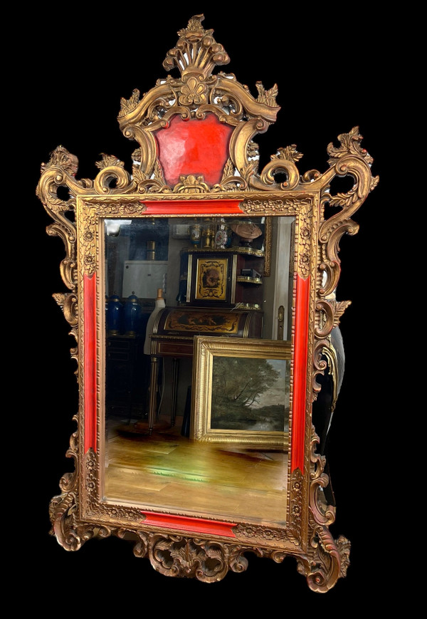 LARGE ANCIENT MIRROR IN GILDED AND PAINTED SCULPTED WOOD ITALIAN STYLE 18th century