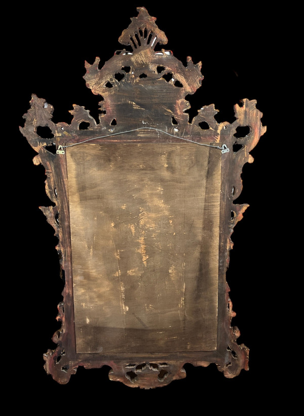 LARGE ANCIENT MIRROR IN GILDED AND PAINTED SCULPTED WOOD ITALIAN STYLE 18th century