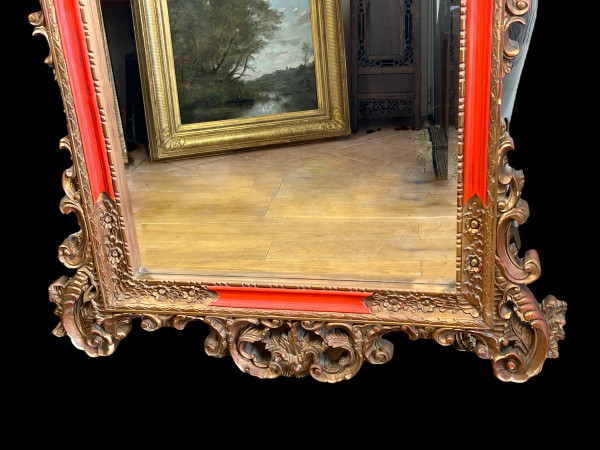 LARGE ANCIENT MIRROR IN GILDED AND PAINTED SCULPTED WOOD ITALIAN STYLE 18th century