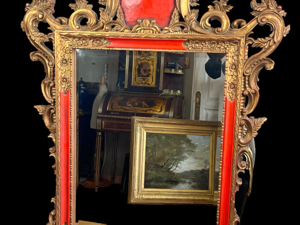 LARGE ANCIENT MIRROR IN GILDED AND PAINTED SCULPTED WOOD ITALIAN STYLE 18th century
