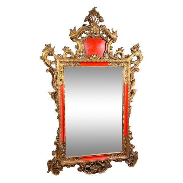 LARGE ANCIENT MIRROR IN GILDED AND PAINTED SCULPTED WOOD ITALIAN STYLE 18th century