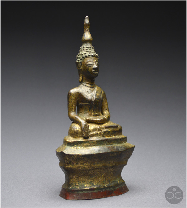 Laos, 18th century, Buddha in bumisparsha mudra position, Old lacquered and gilded bronze