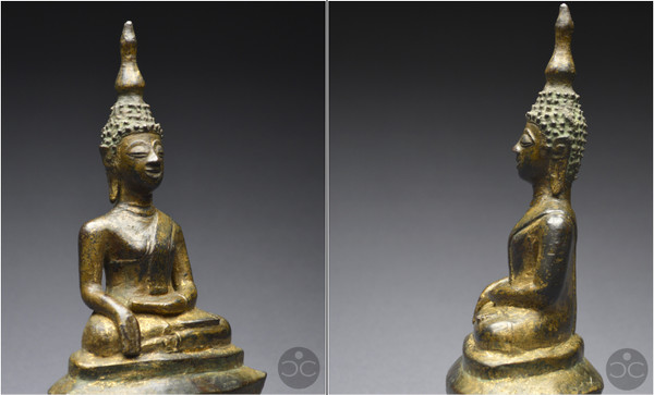 Laos, 18th century, Buddha in bumisparsha mudra position, Old lacquered and gilded bronze