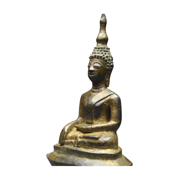 Laos, 18th century, Buddha in bumisparsha mudra position, Old lacquered and gilded bronze