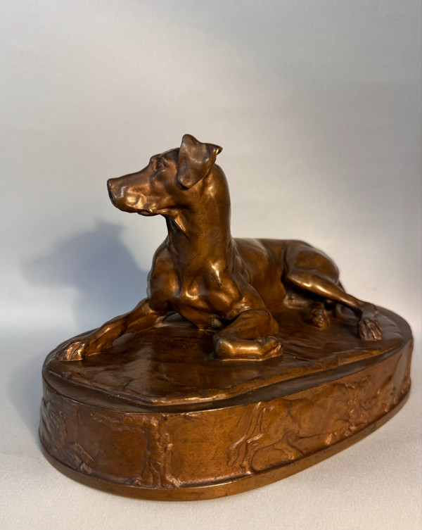 Grégoire GIRAUD. Cane reclinato in bronzo F. Barbedienne