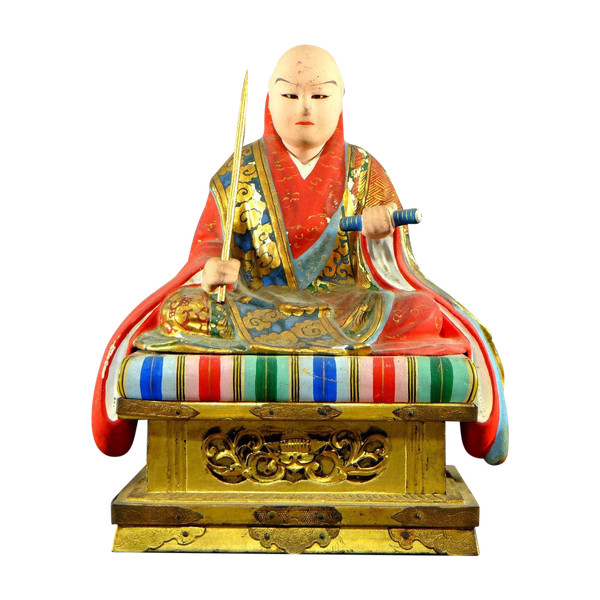 Japan, Early 20th Century, Wooden And Polychrome Plaster Statue Of The Nichiren Monk Shonin.