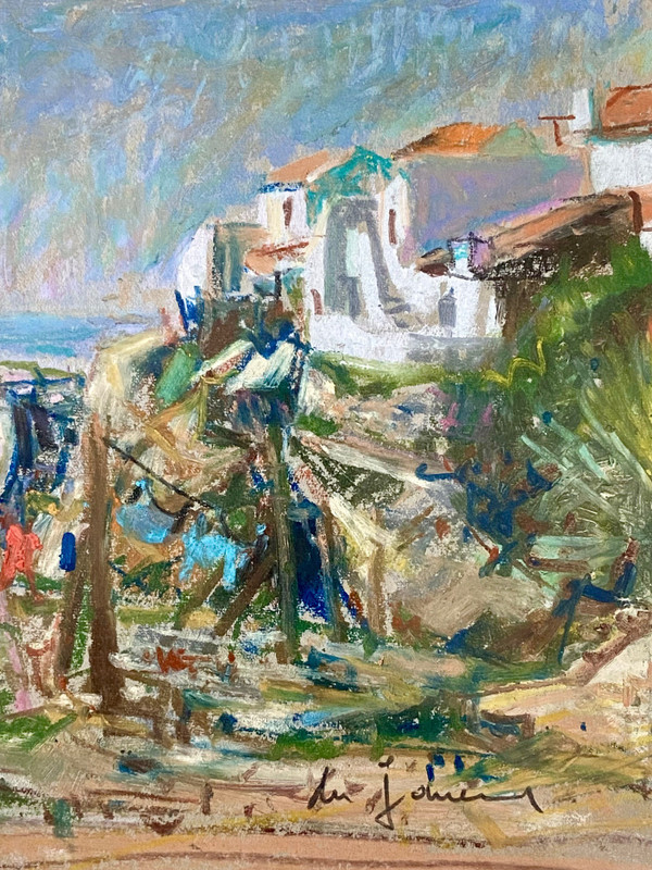 Du Janerand (Daniel), französischer Maler (1919–1990), Pastelldorf an der Mittelmeerküste.