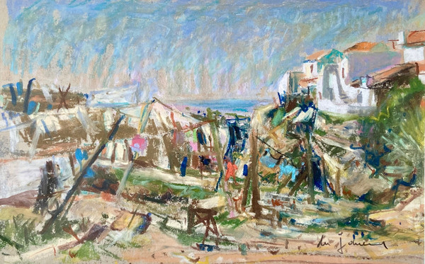 Du Janerand (Daniel), französischer Maler (1919–1990), Pastelldorf an der Mittelmeerküste.
