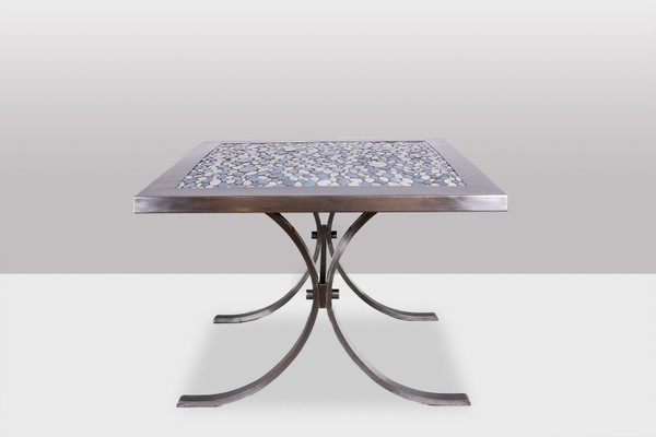 Dining room table in polished metal and ceramic. 1970s.