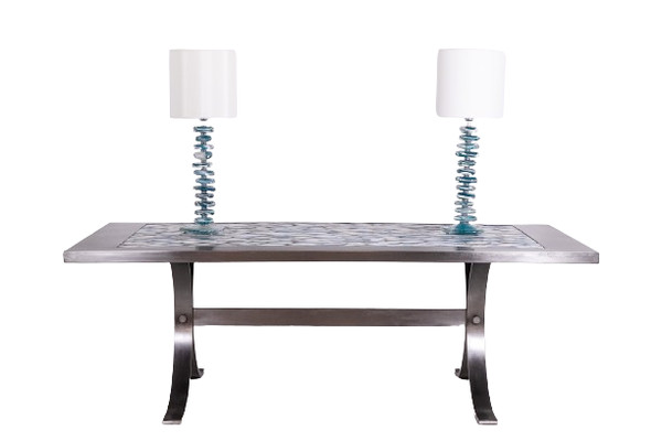 Dining room table in polished metal and ceramic. 1970s.