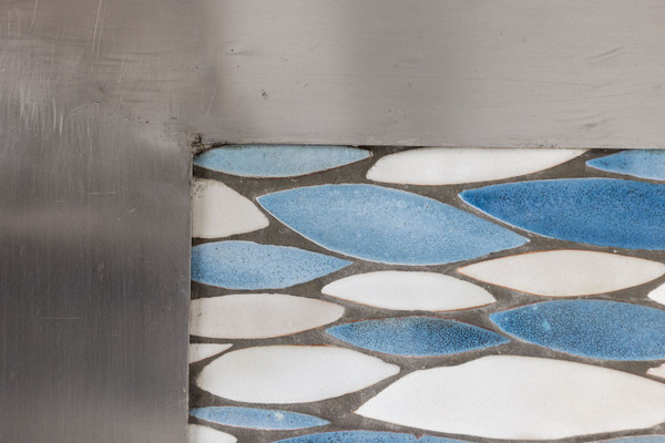Dining room table in polished metal and ceramic. 1970s.