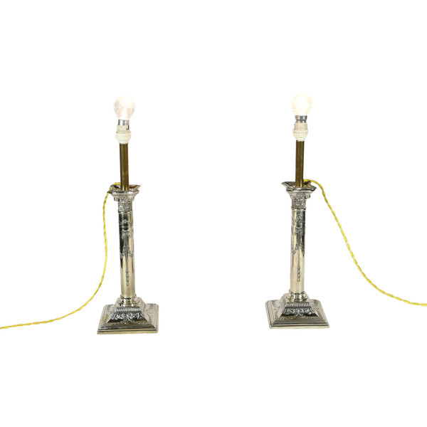 Pair of Electrified Torches in Silver Metal – Mid-19th Century