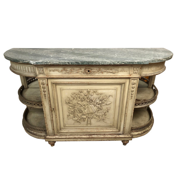 Louis XVI style half-moon low sideboard in gray lacquered wood and marble top