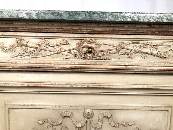 Louis XVI style half-moon low sideboard in gray lacquered wood and marble top