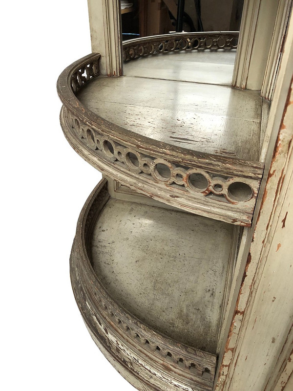 Louis XVI style half-moon low sideboard in gray lacquered wood and marble top