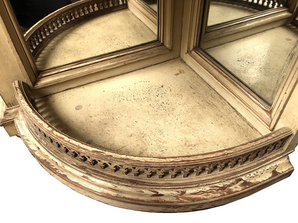 Louis XVI style half-moon low sideboard in gray lacquered wood and marble top