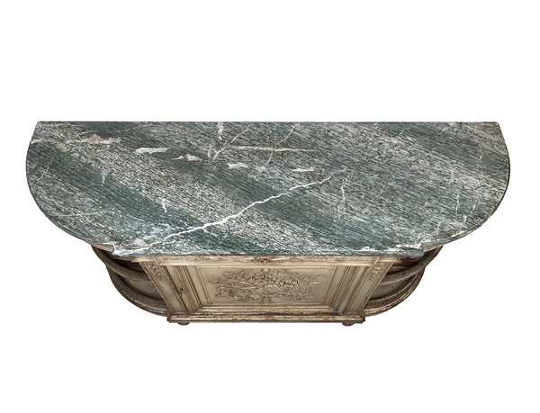 Louis XVI style half-moon low sideboard in gray lacquered wood and marble top