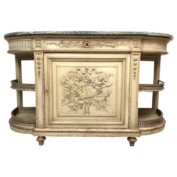 Louis XVI style half-moon low sideboard in gray lacquered wood and marble top