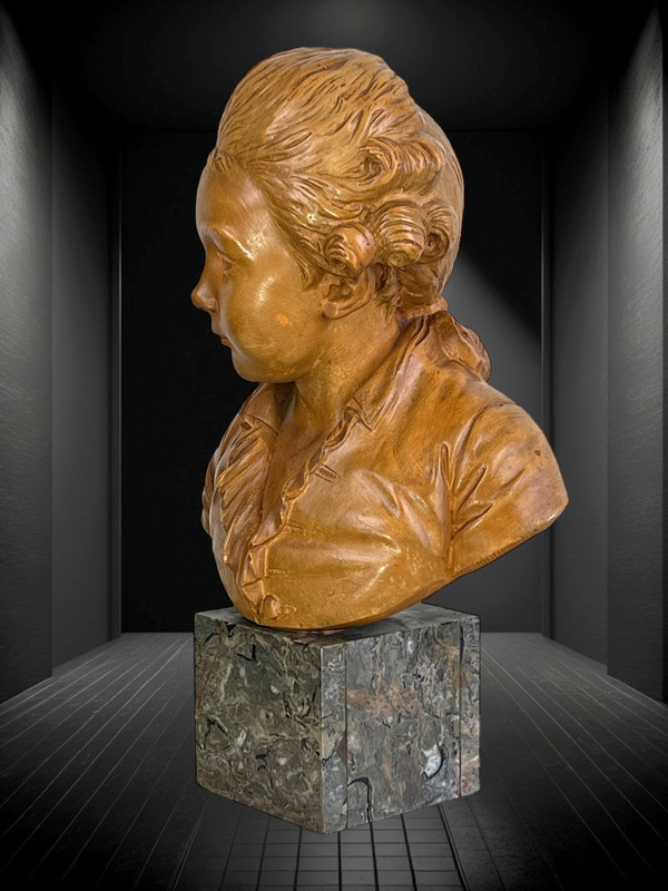 BUSTO DI BAMBINO SECONDO SOGGETTO "PAJOU" IN TERRACOTTA SU BASE IN MARMO