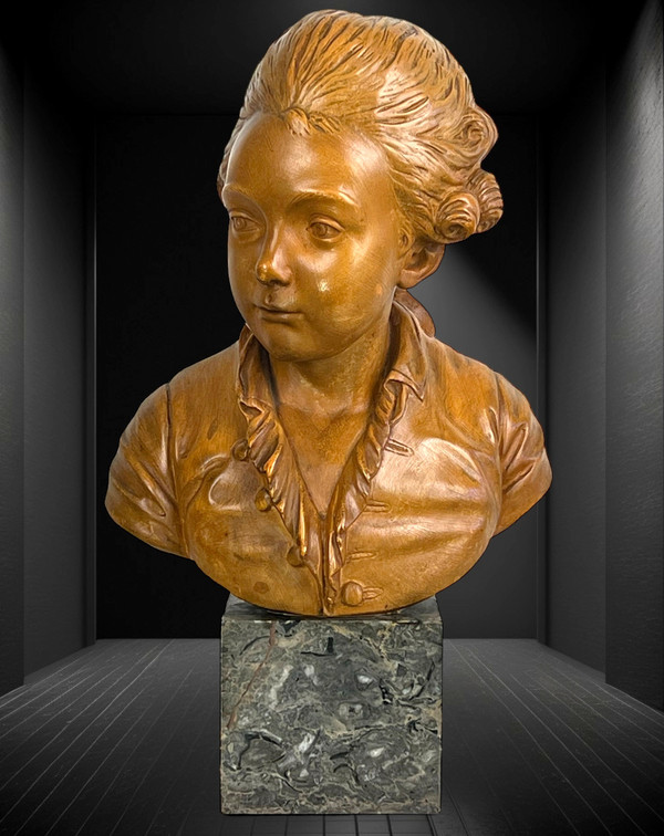 BUSTO DI BAMBINO SECONDO SOGGETTO "PAJOU" IN TERRACOTTA SU BASE IN MARMO