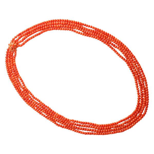 Collier sautoir perles corail multi-rangs avec un fermoir en or 18k, collier de perles, bijou d'été