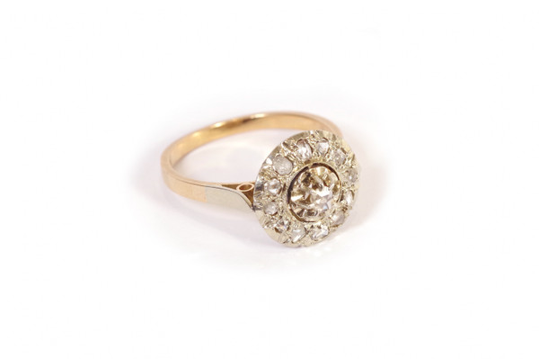 Circular diamond ring in platinum and 18k gold, Retro art Deco Ring, rose cut diamond, antique jewel