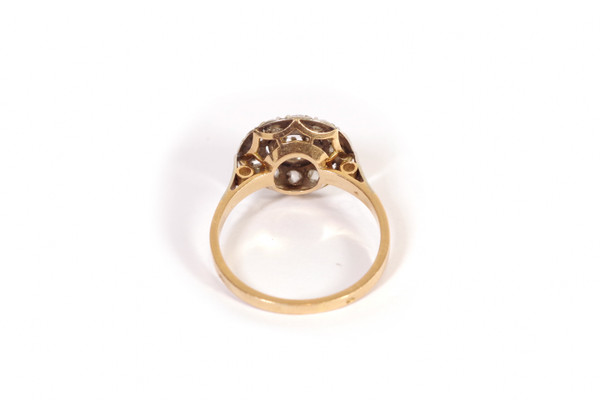 Circular diamond ring in platinum and 18k gold, Retro art Deco Ring, rose cut diamond, antique jewel