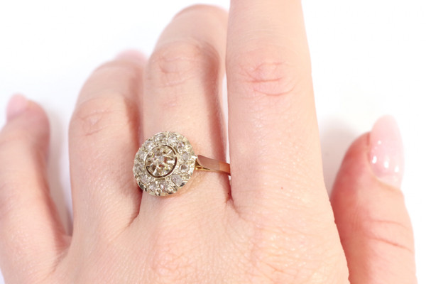 Circular diamond ring in platinum and 18k gold, Retro art Deco Ring, rose cut diamond, antique jewel