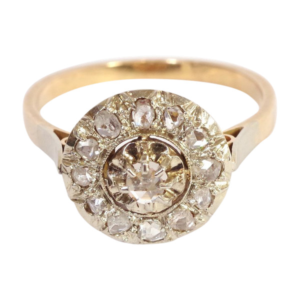 Circular diamond ring in platinum and 18k gold, Retro art Deco Ring, rose cut diamond, antique jewel