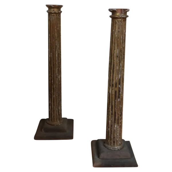 18th century - pair of neoclassical columns or sellettes - fluted decor - gilded wood - girdle
