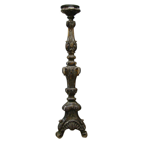 Large Wooden Spade Candle Carved Polychrome And Gilded