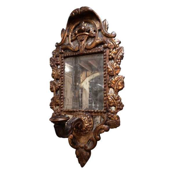 Italian Mirror With Arms Of Light In Carved And Gilded Wood. 18th century period
