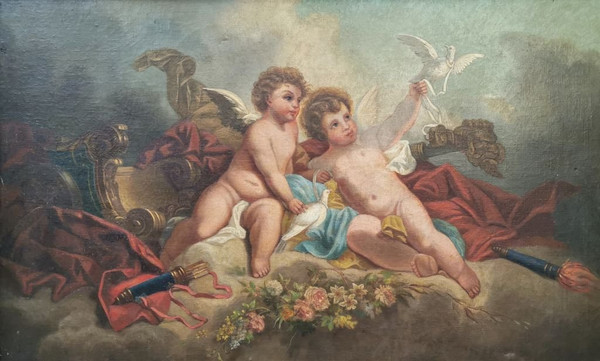 Olio su tela - "Due putti con colombe"