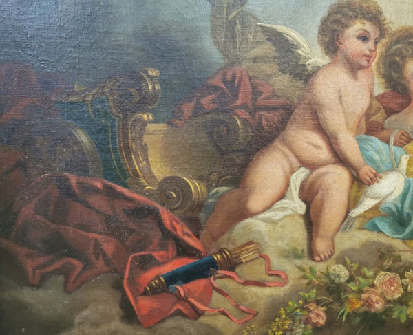 Olio su tela - "Due putti con colombe"