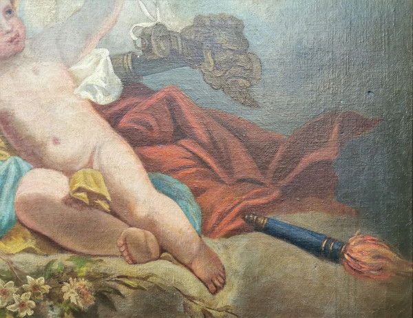 Olio su tela - "Due putti con colombe"