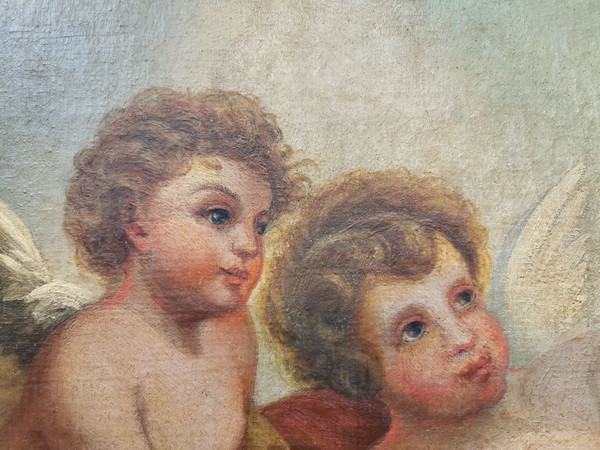 Olio su tela - "Due putti con colombe"