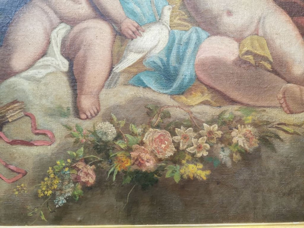 Olio su tela - "Due putti con colombe"